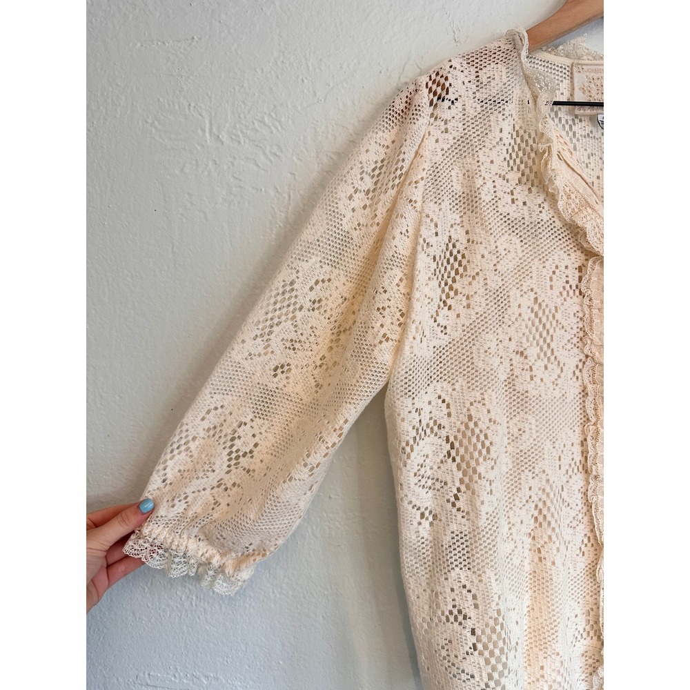 Johnny Was Betty Blouse Women L Cream Floral Lace Button Front Pearl Ruffle Trim - Picture 4 of 9